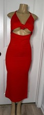Red Ribbed Cut-Out Halter Midi Dress With Side Slit Adjustable Straps And Tie Fr