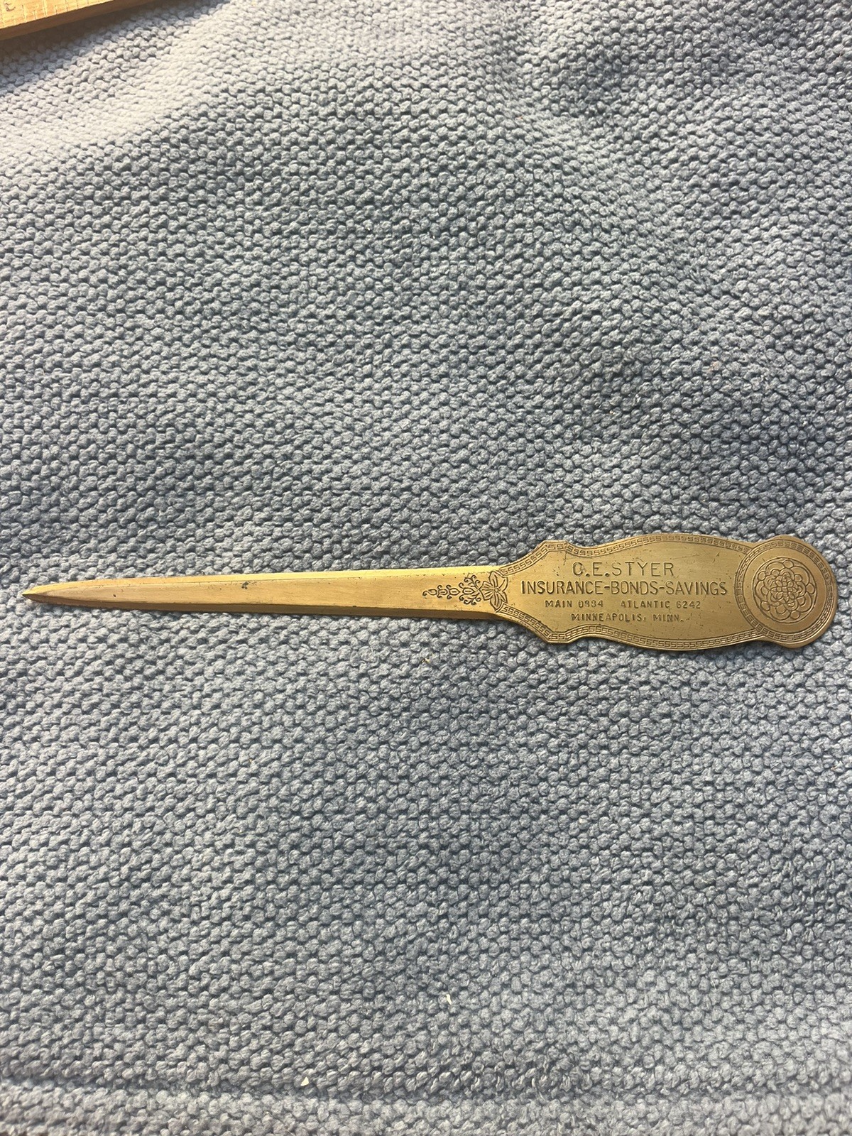 Vintage Advertising Letter Opener For &Quot;C.e.styer Insurance-Bonds-Savings&Quot; Brass