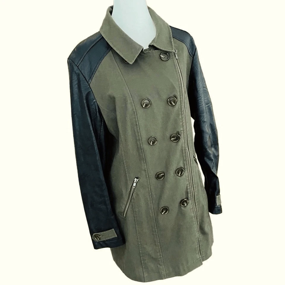 Gabardina militar con ribete de cuero sintético verde oliva/negro talla M Foto 2 de 4