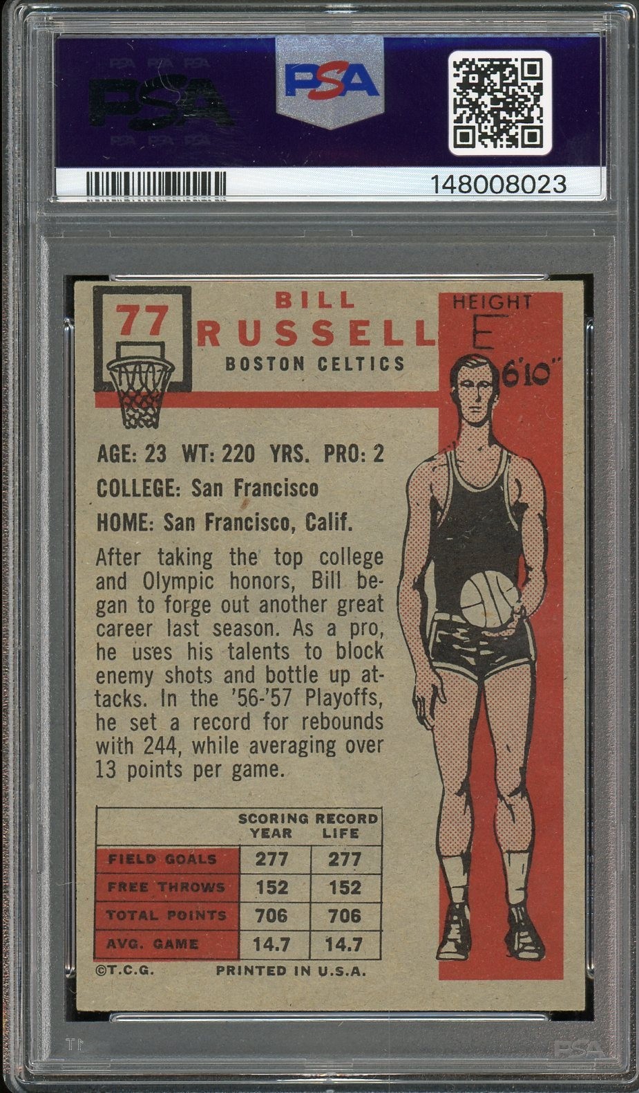 1957 Topps #77 Bill Russell Boston Celtic RC HOF PSA 4 VG-EX CENTERED CLEAN CARD view 2
