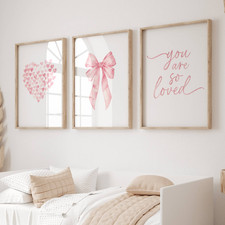 Set of 3 Coquette Pink Bow Nursery Prints Heart Wall Art Girls Room Unframed
