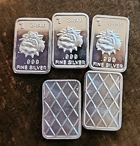 (5) 1g Silver Bars Bulldog And Criis Cross Pattern