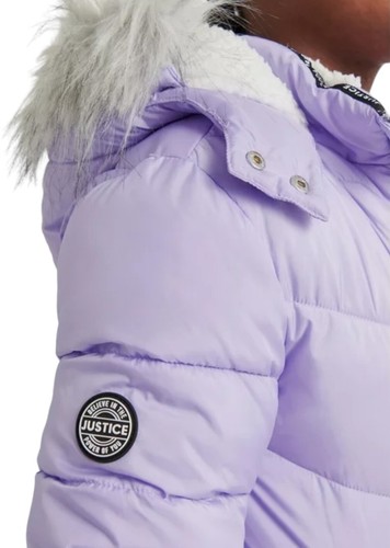 Justice Girls Puffer Jacket Purple Hood Pockets Full Zip Sherpa Lined Size 7/8 - Picture 8 of 10