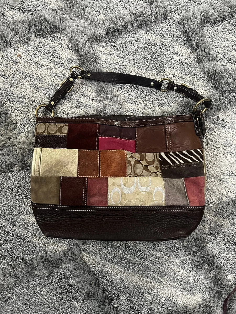Coach Patchwork Burgundy Gold Brown Suede Leather Medium Size Shoulder Bag