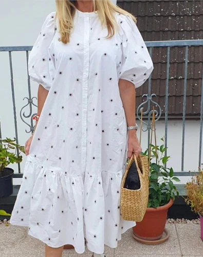 ZARA OYSTER WHITE PUFF SLEEVE MARIE FLORAL EMBROIDERED POPLIN RUFFLED MIDI DRESS - Picture 15 of 24