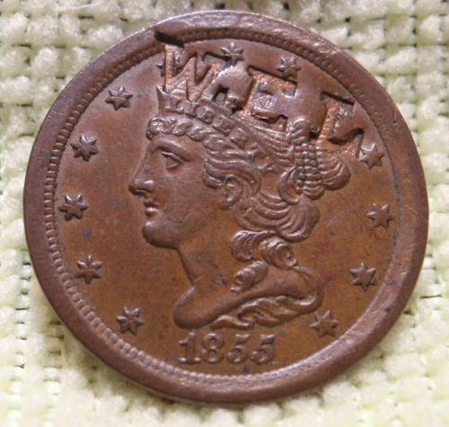 1855 AU BRAIDED HAIR HALF CENT 1/2 CENT COUNTER STAMPED W. EL (55,000 minted) - Picture 3 of 5