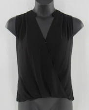 DKNY Women's Top Black Solid Sheer Faux Wrap Sleeveless Blouse Shirt Size Large