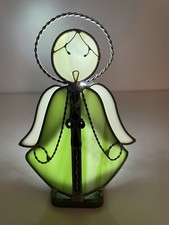 Vintage Green  White Stained Glass Angel Votive Candle Holder Tea Light 5-1/4"