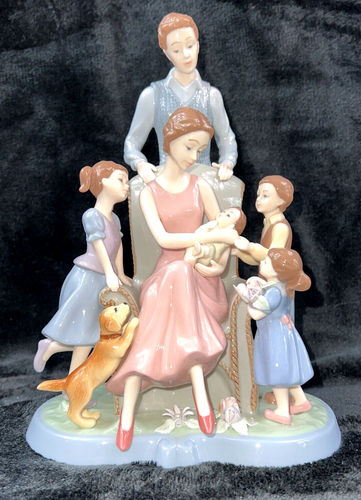 Beautiful Family W/Children, New Baby & Dog 10" Porcelain Figurine~~Lladro Style