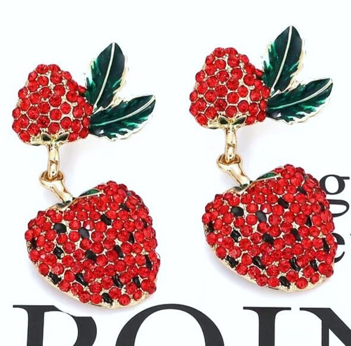 Red Rhinestone STRAWBERRY Fruit Green Enamel Leaf Betsey Johnson Dangle Earrings - Picture 9 of 14