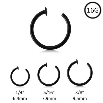 Black Plated Surgical Steel Nose Ring Open Hoop Choose Your Size 16 Gauge  16G