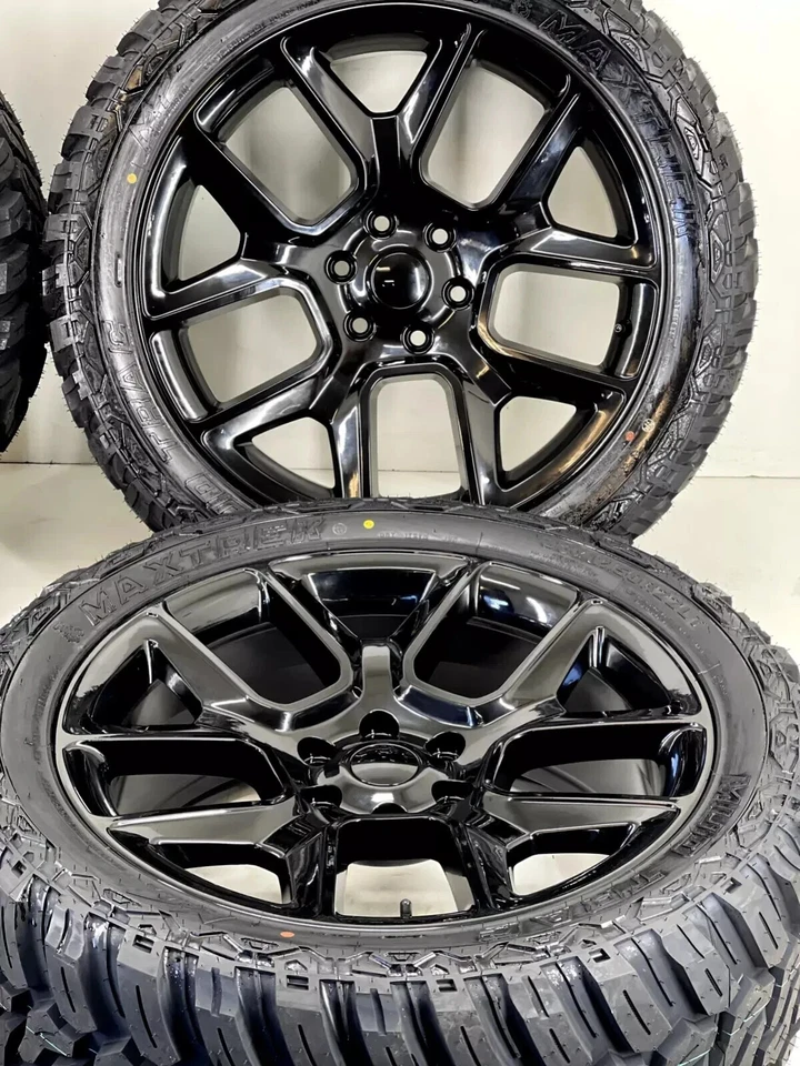 22" RAM SRT GLOSS BLACK WHEELS RIMS 33" MT TIRES DODGE LARAMIE 1500 HEMI MOPAR - Image 2 of 4