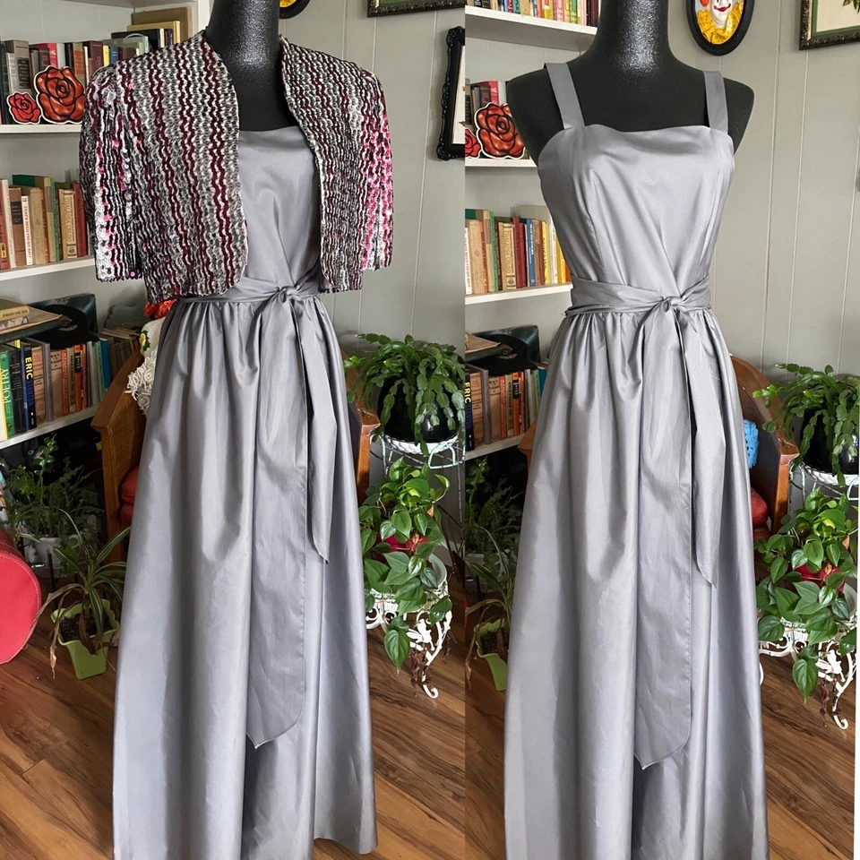 Винтажный платье/блестки куртка/ремень LUXE металлический серый розовый 60-х вечеринки официальный мод GLAM - Изображение 2 из 4