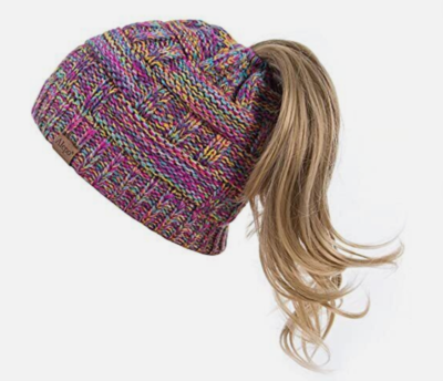 Womens High Messy Bun Beanie Hat with Ponytail Hole, Winter  display picture 3