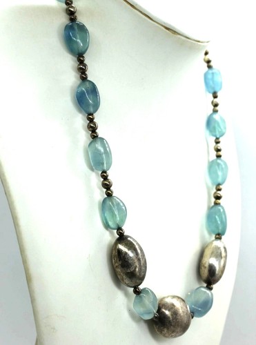 925 STERLING blue moonstone vintage beaded necklace signed BSF 77.8 grams 20" - Picture 3 of 10