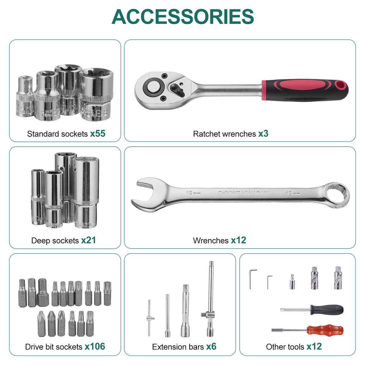 Steckschlüsseleinsätze 3/8" Antrieb 11-teilig - Lange Stecknüsse 8-19 Mm Aus Chrom-Vanadium-Stahl | Mit Box