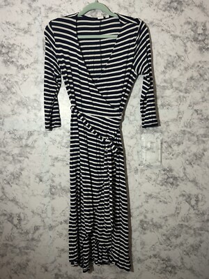 Gap Petite 3/4 Sleeve Full Wrap Dress Striped Blue Tie Waist Stretch Sz MP EUC