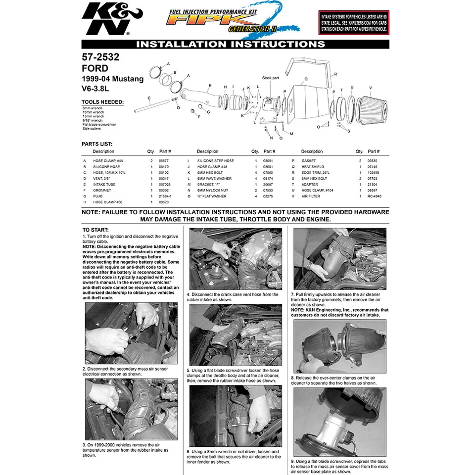 Sistema de admisión de aire frío K&N 57-2532 Performance para Ford Mustang 1999-04 3,8 L V6 Foto 4 de 4