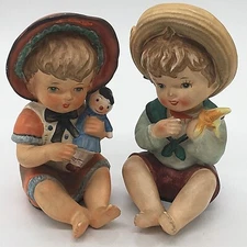 Lipper Mann Hand Painted Piano Babies - Girl w/ Doll & Boy w/ Banana 7"-7.5" 