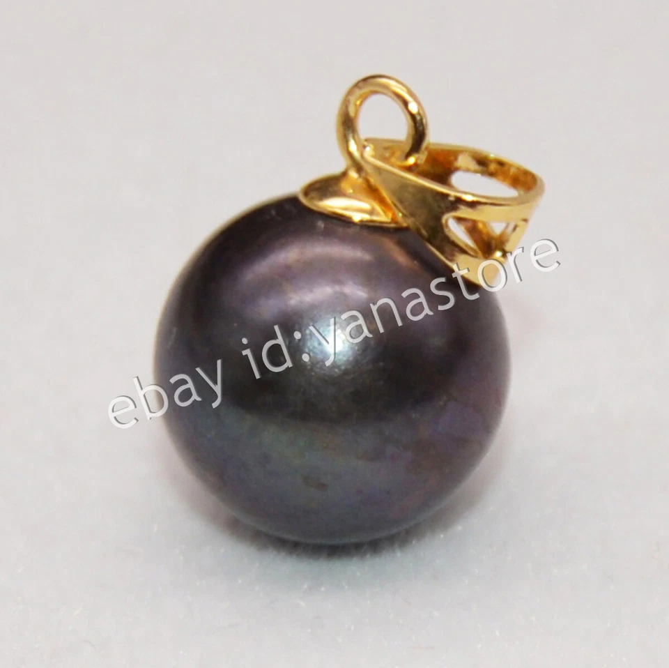 Wunderschön Natürlich Rund Schwarz Perle Anhänger Echte Perle 14K Gold 8-14mm - Bild 3 von 4