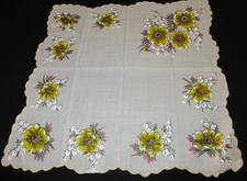 Vintage Hankie Yellow Floral Pink Accents White Backdrop Scalloped