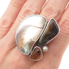 Marta Howell 925 Sterling Vintage Agate Amber Pearl MOP Adjustable Ring Size 7.5