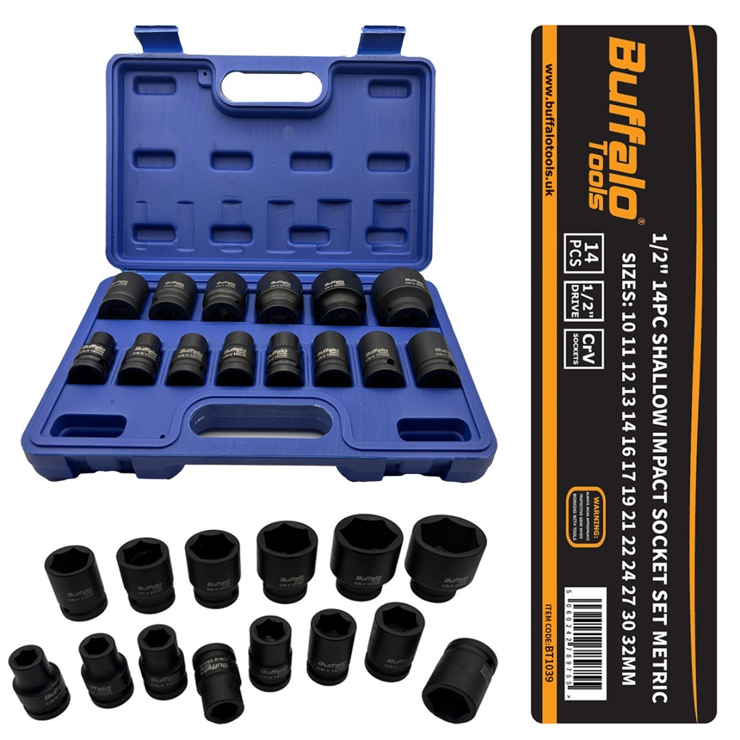 Buffalo Tools 14pc Impact Socket Sockets Set 1/2 Drive Metric Shallow 10mm - 32m