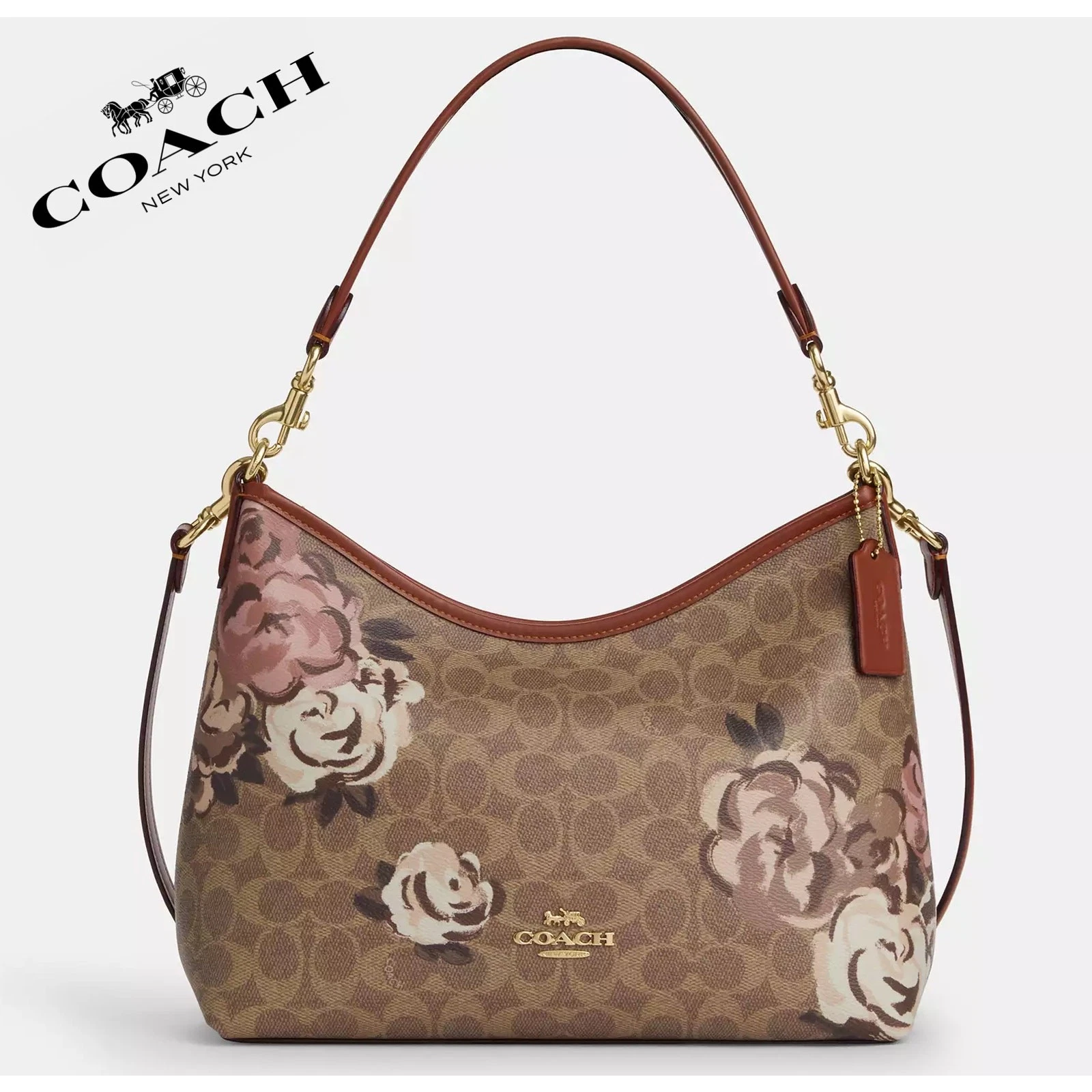 Borsa a tracolla Coach Laurel nuova con etichetta in tela firmata con stampa rosa