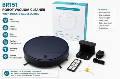 BR151 Robot Vacuum Cleaner w/ Dock, Adapter, Filter & Box Powers On