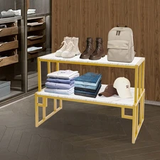 Steel Display Table 2-Tier Display Rectangular Stand Shelf Gold and White W/ Pad