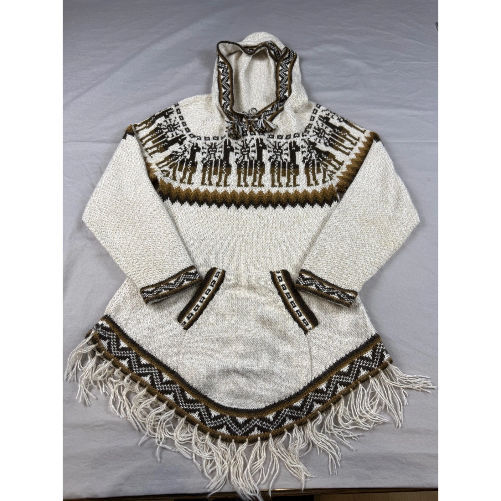Alpaca Peru Hooded Poncho Sweater Fringe Women Small Kactus Artesanias