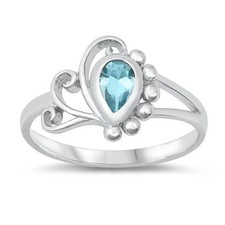 Sterling Silver Aqua Blue Cubic Zirconia Filigree Swirl Baby Ring