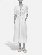 Ganni Women's White Stretch Cotton Puff-Sleeve MIDI Dress Size 38