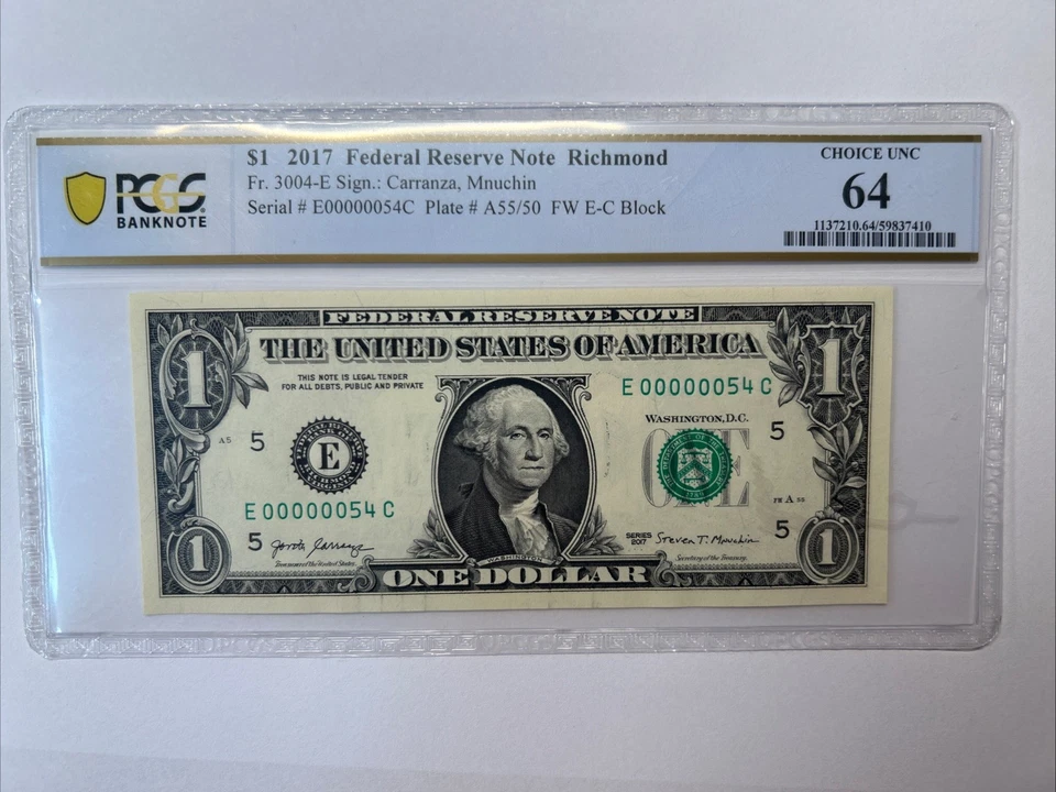 2017 年 1 美元联邦储备钞票 RICHMOND 低系列 00000054 PCGS E-C BLOCK Lucky Bill — 第 2/4 张图片