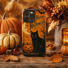 Happy Halloween Black Cat Phone Case, MagSafe Shockproof Case for iPhone 11-17