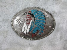 Turquoise Indian Chief Inlay Belt Buckle Antique Silver Blue Western