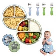 Stainless Steel Baby Feeding Set Divided Plate Silicone Spoon Fork BPAFree