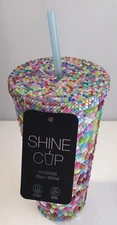 Shine Cup MULTICOLORED JEWELED RHINESTONE INSULATED TUMBLER 22oz W/H Lid-Straw
