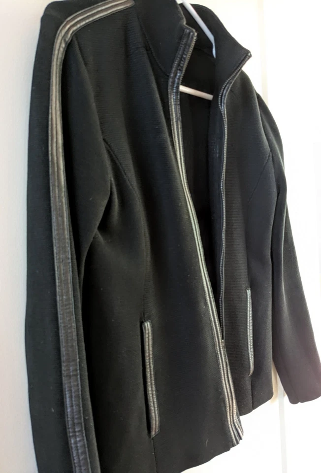 Chaqueta Cárdigan Sigrid Olsen Talla Pequeña Seda Algodón Tejido Mezcla Cuero Borde Moto Cremallera Foto 4 de 4