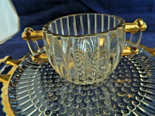 JEANETTE GLASS RIBBED HOBNAIL NATIONAL SUGAR BOWL AND TRAY, TRIMMED IN GOLD - Picture 3 of 11