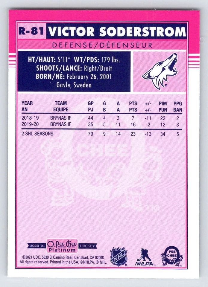 2020-21 O-Pee-Chee Platinum Retro #R81 Victor Soderstrom (ref 221794) - Image 2 of 2