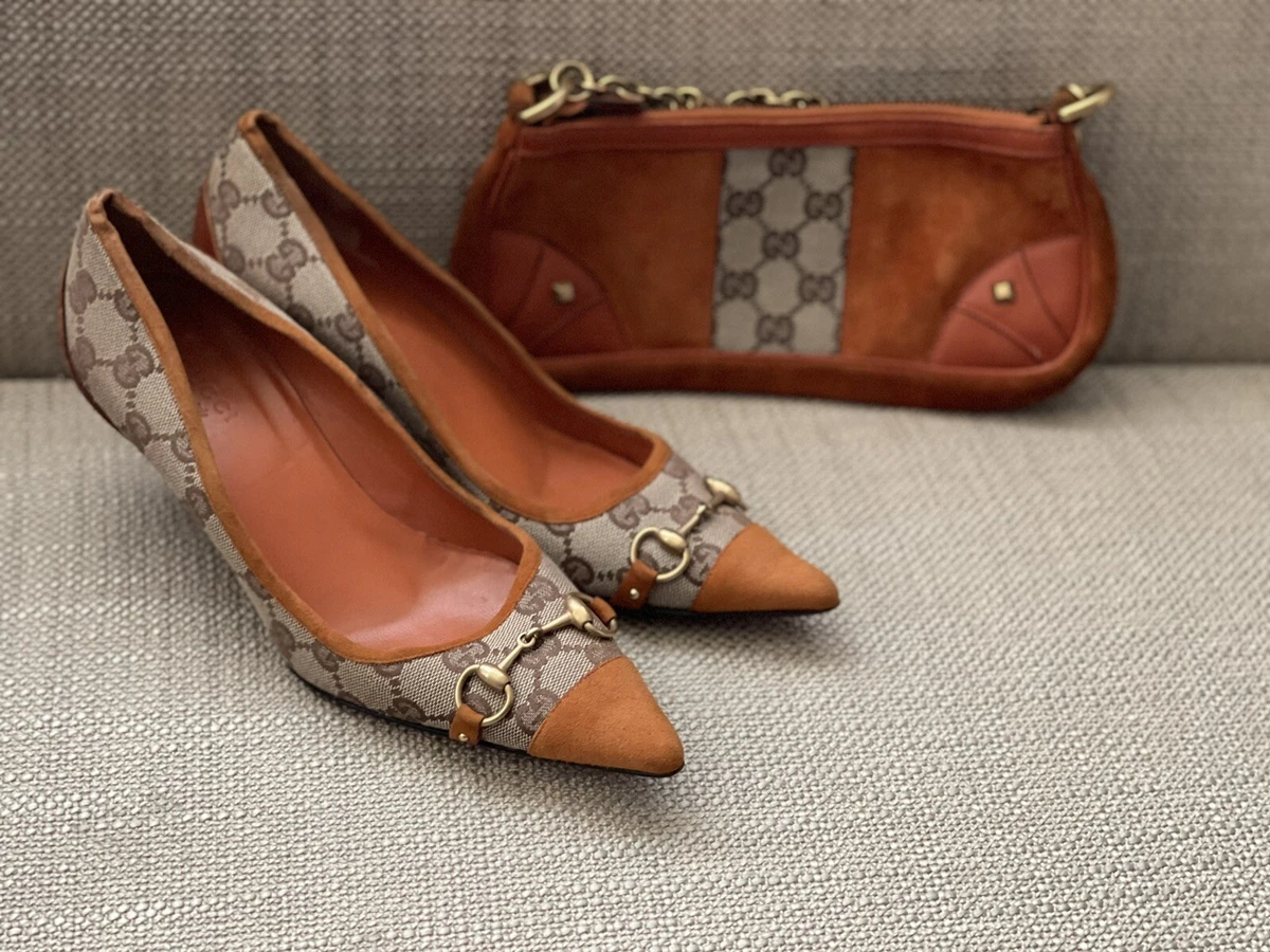 Gucci Women's Monogram Brown Leather Purse & Shoes - Pumps