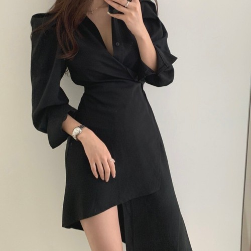 Womens Chic Korean Fashion Long Sleeves Asymmetric Shirt Dress Slim Fit Tops  | eBay