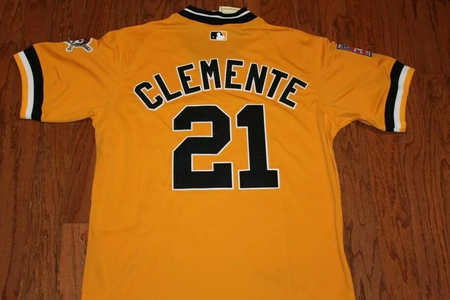 ROBERTO CLEMENTE Pittsburgh Pirates YELLOW #21 DUEL PATCH SEWN JERSEY NWT XL