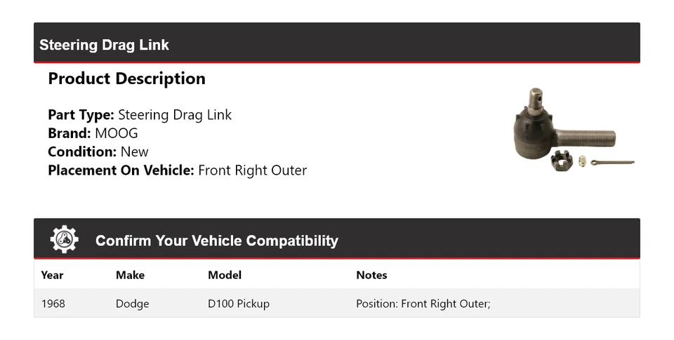 Dodge D100 1968 camioneta dirección enlace de arrastre delantero derecho exterior MOOG Foto 2 de 4