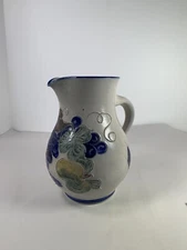 German HANDARBEIT Glazed Blue Yellow Pear Pottery Pitcher Handarbeit 7”