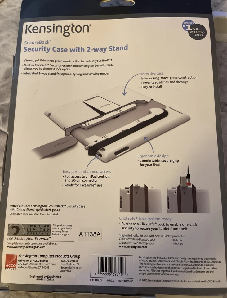 Funda de seguridad Kensington SecureBack con soporte bidireccional y ClickSafe para iPad 2 Foto 3 de 4