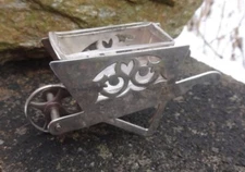 1930s English Silverplated WHEELBARROW Open Salt Dip, Cellar, Dish w/Glass Inser