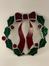Stained glass Christmas wreath holly berry bow red green window catcher 9 x 8"