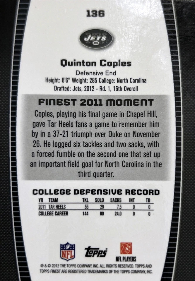 2012 Topps Finest Quinton Coples Rookie Card New York Jets #136 NMMT - Image 2 of 2